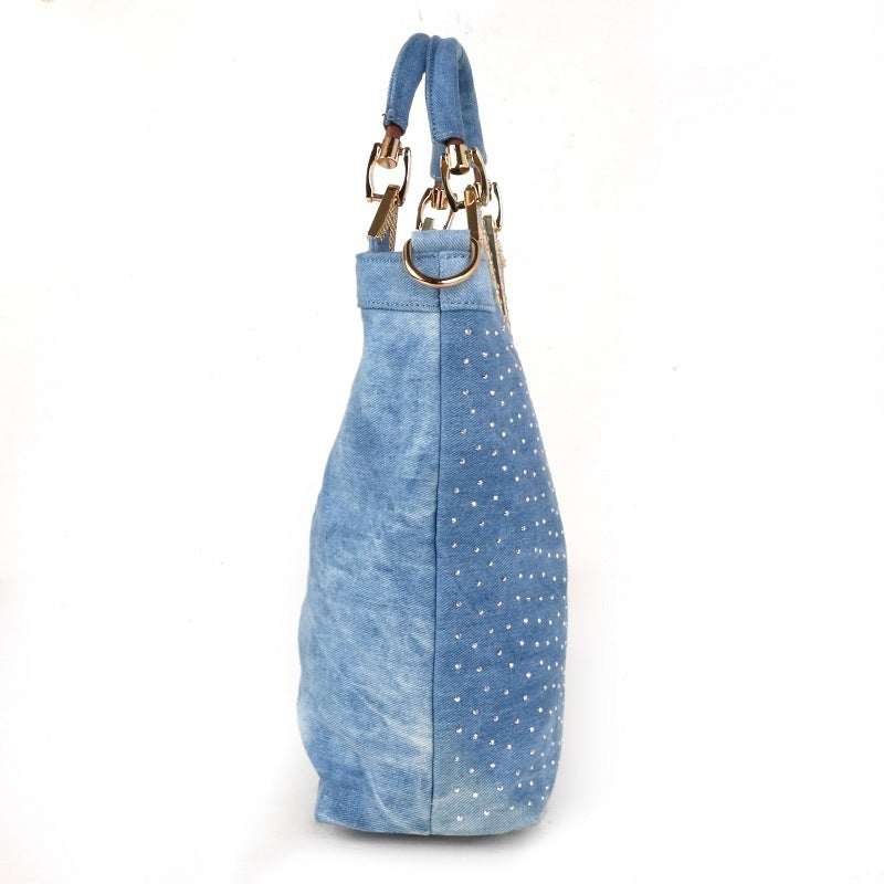 Sac en jean tendance en forme de V pour femme avec motif de fleurs en diamant