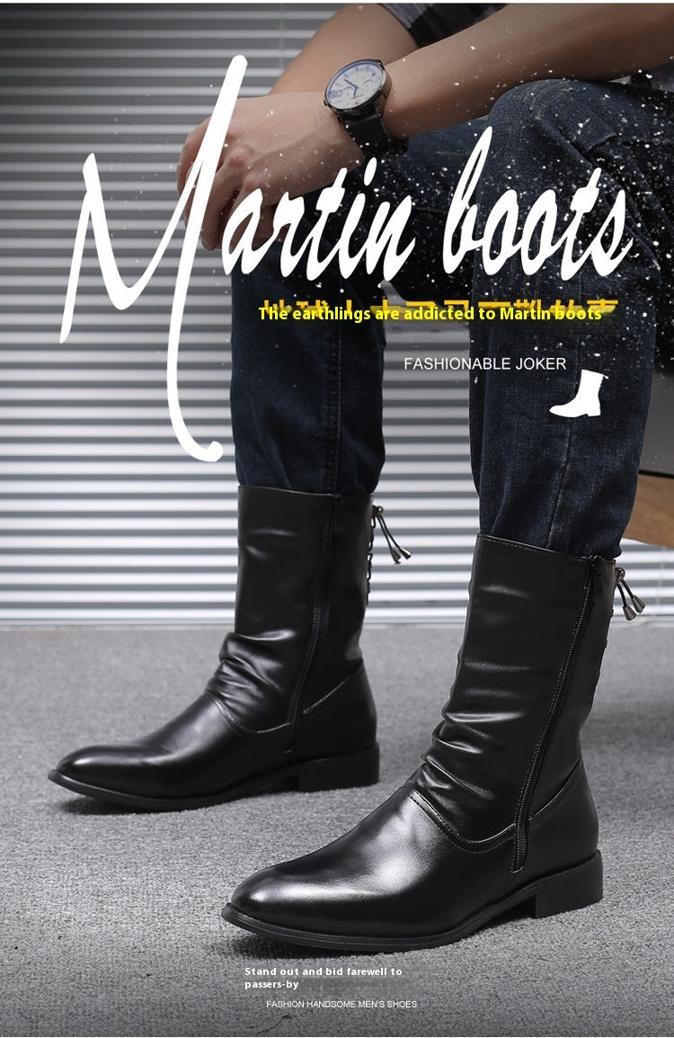 Botas de cuero puntiagudas para hombre, zapatos de cuero de caña alta, estilo británico coreano, hasta media pantorrilla