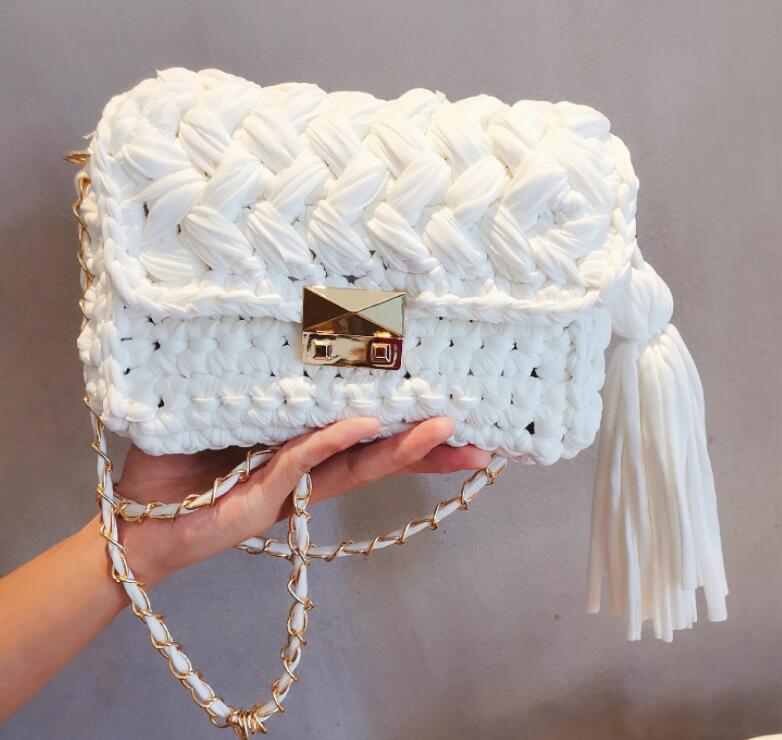 Hand-knitted One-shoulder Cross-body Bag With Wool Cloth Strips