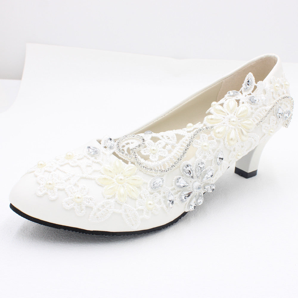 White High-heeled Wedding Shoes Lace Rhinestone Bridal