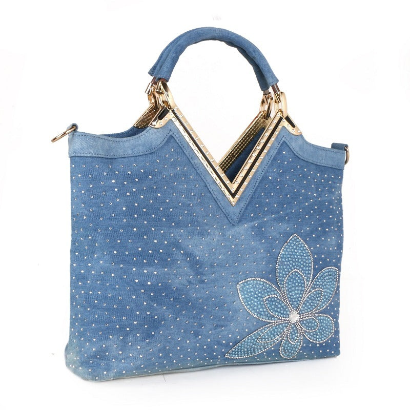 Sac en jean tendance en forme de V pour femme avec motif de fleurs en diamant