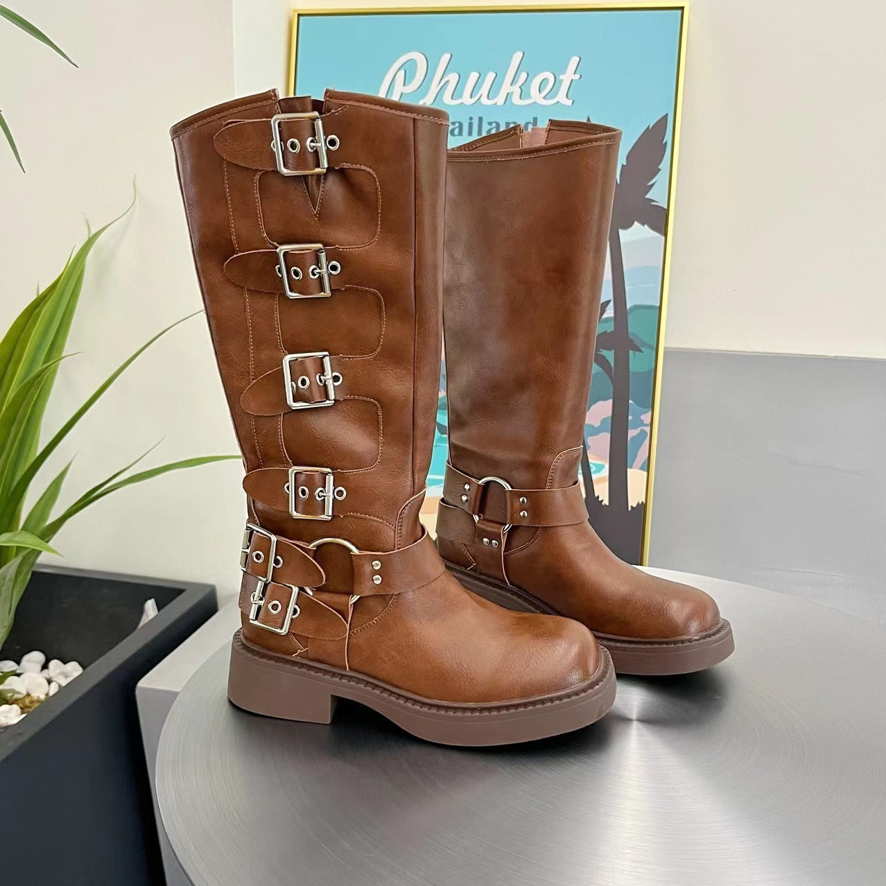 Botas hasta la rodilla con aro de cuero de metal estilo retro de cuero genuino para mujer