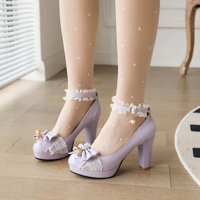 Girl Student Leather Shoes High Heels Thick Heel Single Shoes Bow Dress Female