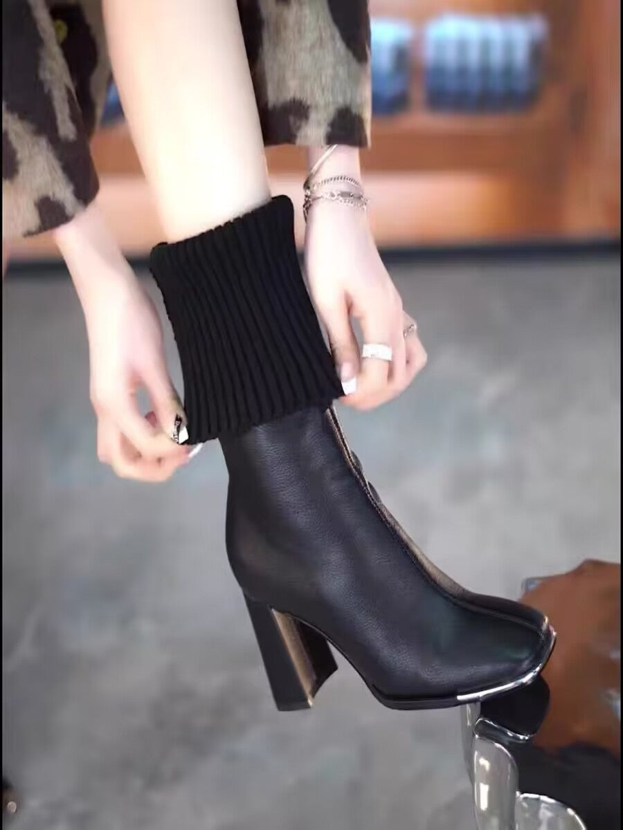 Botas largas de tacón grueso y cabeza cuadrada con calcetines elásticos de punto para mujer para otoño e invierno