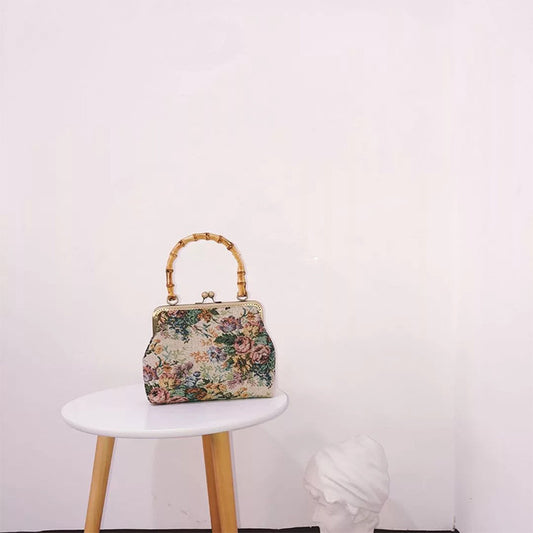 Sac messager portable en bambou à motif floral rétro pour femme