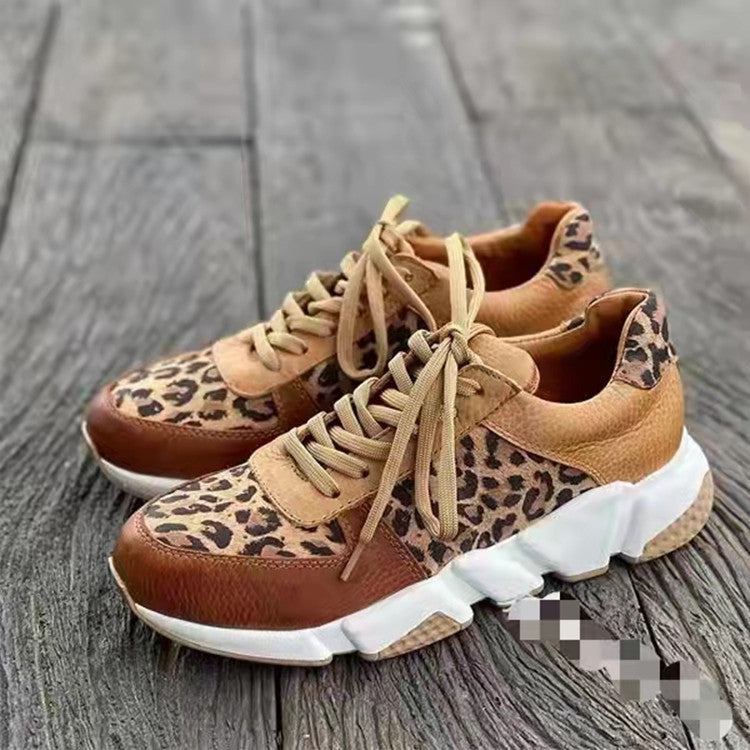 Large Size New Thick-soled Low-top Casual Shoes Round Toe Color-blocking Leopard Print Sneakers