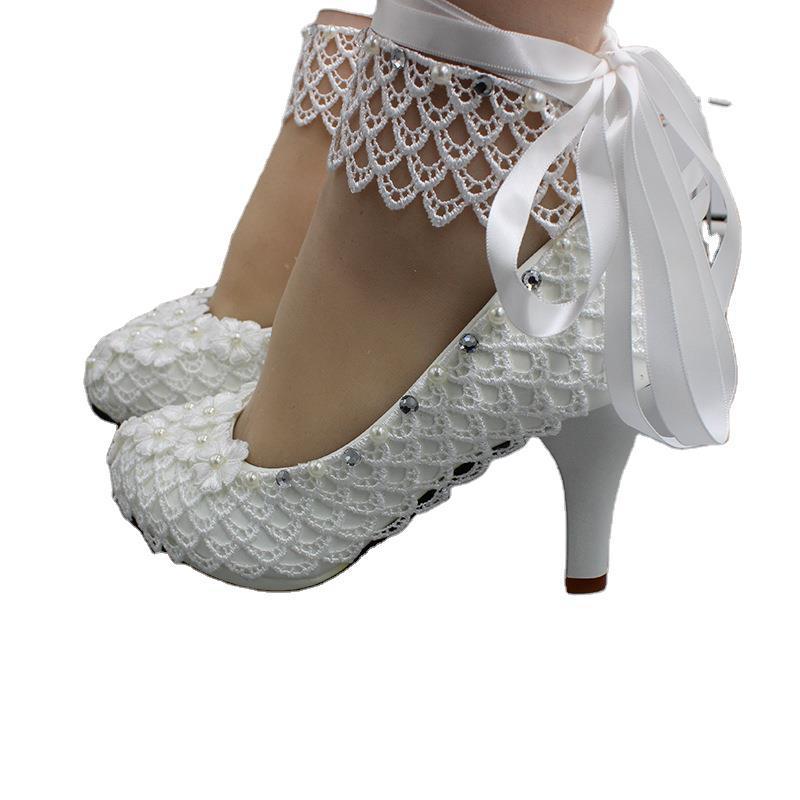 Lace-up White Wedding Dress Plus Size High Heel Women's Shoes