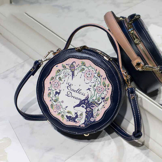 New Contrasting Color Fawn Printed Flower Small Round Bag