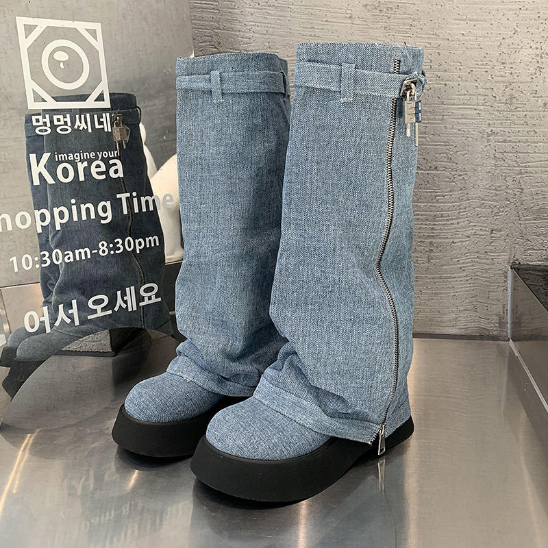 Women's French-style Platform Denim Boots