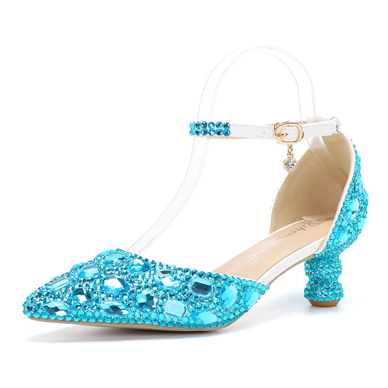 Zapatos de mujer de verano de caña baja, nuevos, de color azul, con tacón de calabaza puntiagudo y diamantes de imitación, a la moda, para banquetes de boda