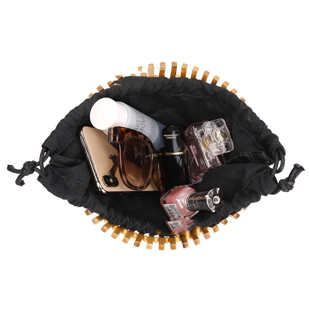 Round Bamboo Woven Handbag Portable Bamboo Rattan Bag