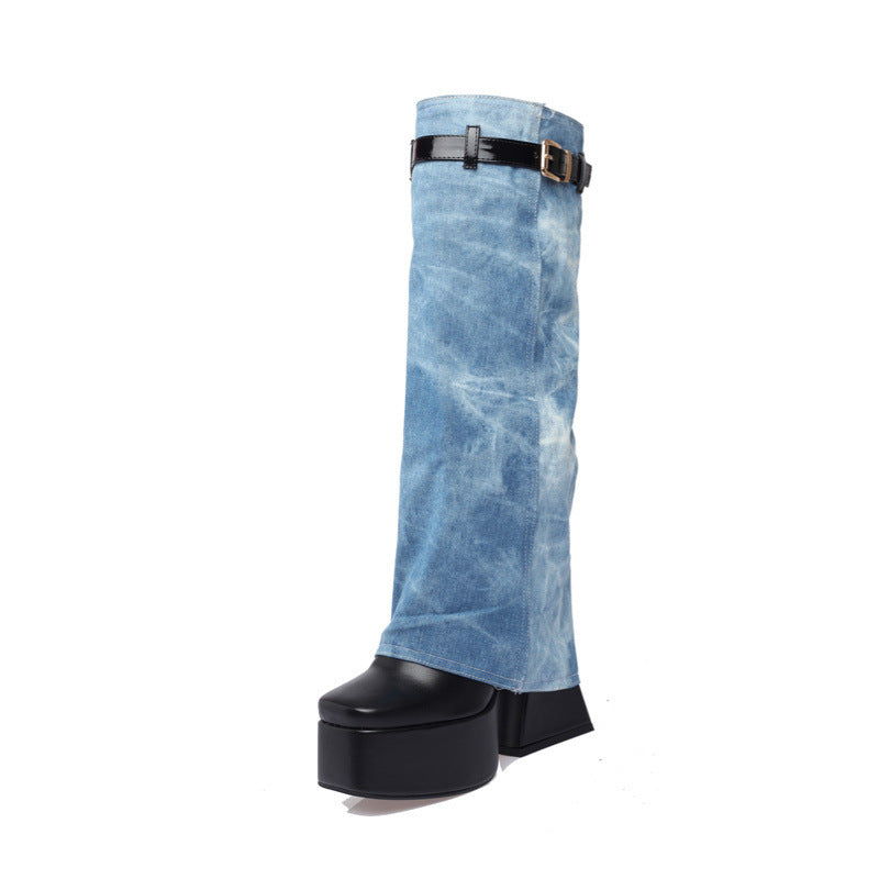 Winter Thick-soled High-heeled Denim Fashion Women's High Boots