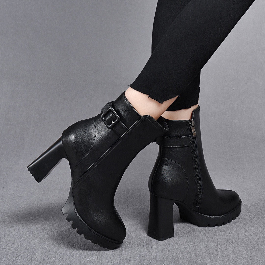 Women's Stylish Platform High Heel Leather Boots With Belt Buckle