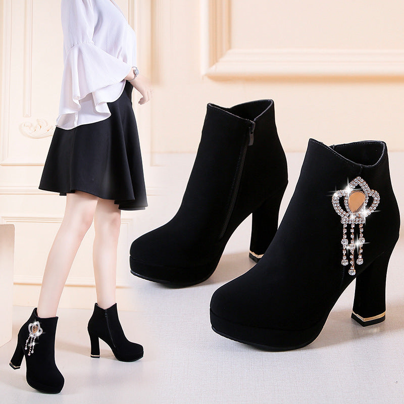 Rhinestone Chunky Heel Fashion Short Boots Waterproof Platform High Heel Boots