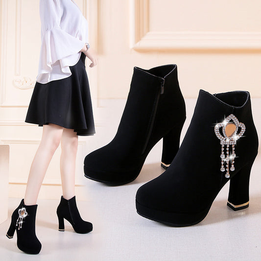 Rhinestone Chunky Heel Fashion Short Boots Waterproof Platform High Heel Boots