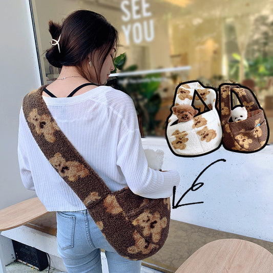 Sac à bandoulière portable en peluche à motif d'ours pour chat