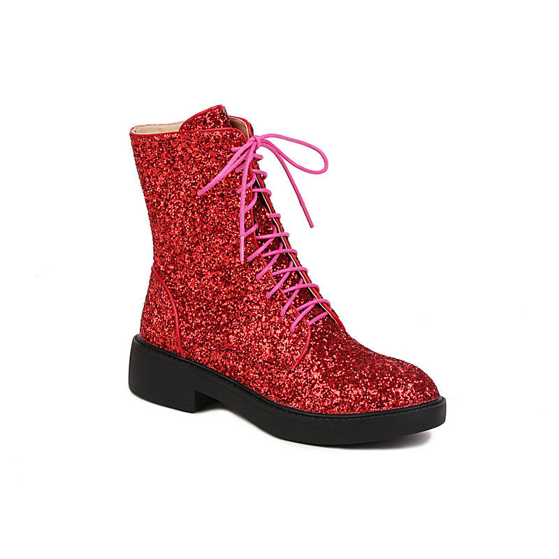 Autumn And Winter New Martin Boots Sequined Round Toe Low Heel Thick Heel Front Lace-up Women's Ankle Boots