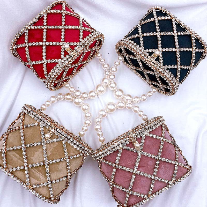 Bolso de mano con forma de cesta con diseño de diamantes para mujer, moderno y elegante, para cenas y fiestas