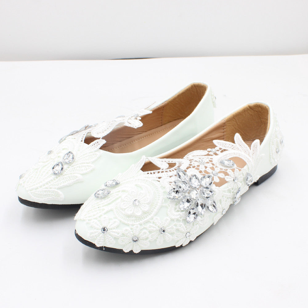 White Wedding Shoes High Heel Round Head Lace Rhinestones