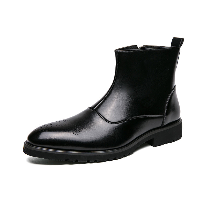 Fall Winter Men Business Zipper Slip-on British Solid Color Pointed Leather Boots