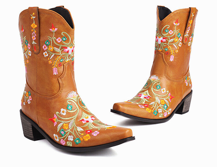 Embroidered Color Matching Ethnic Style Retro Chunky Heel Square Head Knight Martin Boots