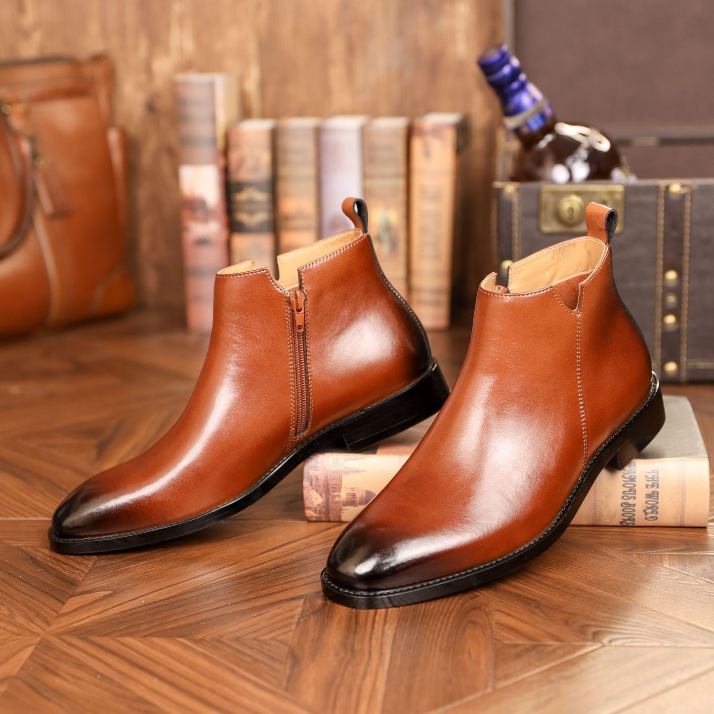 Bottes Martin décontractées en cuir à fermeture éclair latérale de style britannique pour hommes