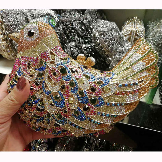 Bolsa para la cena con diamantes de imitación y diseño de pájaro y paloma de la paz