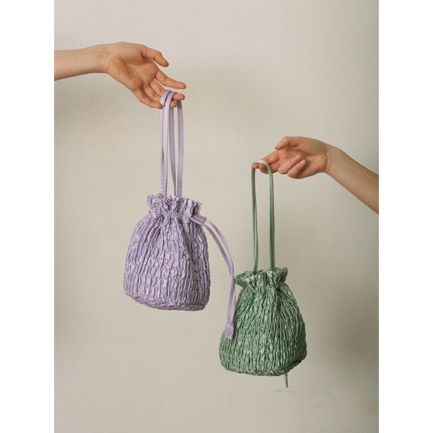 Women's Silk Pleated Drawstring Tote Shoulder Bag