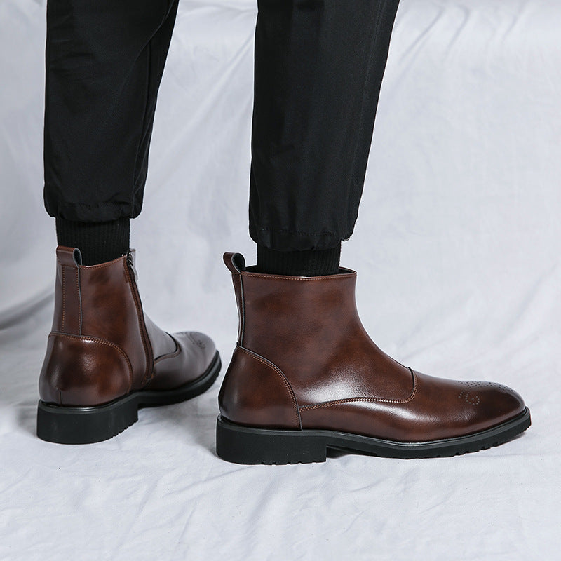 Botas de cuero puntiagudas de color sólido estilo británico con cremallera y sin cordones para hombre para otoño e invierno