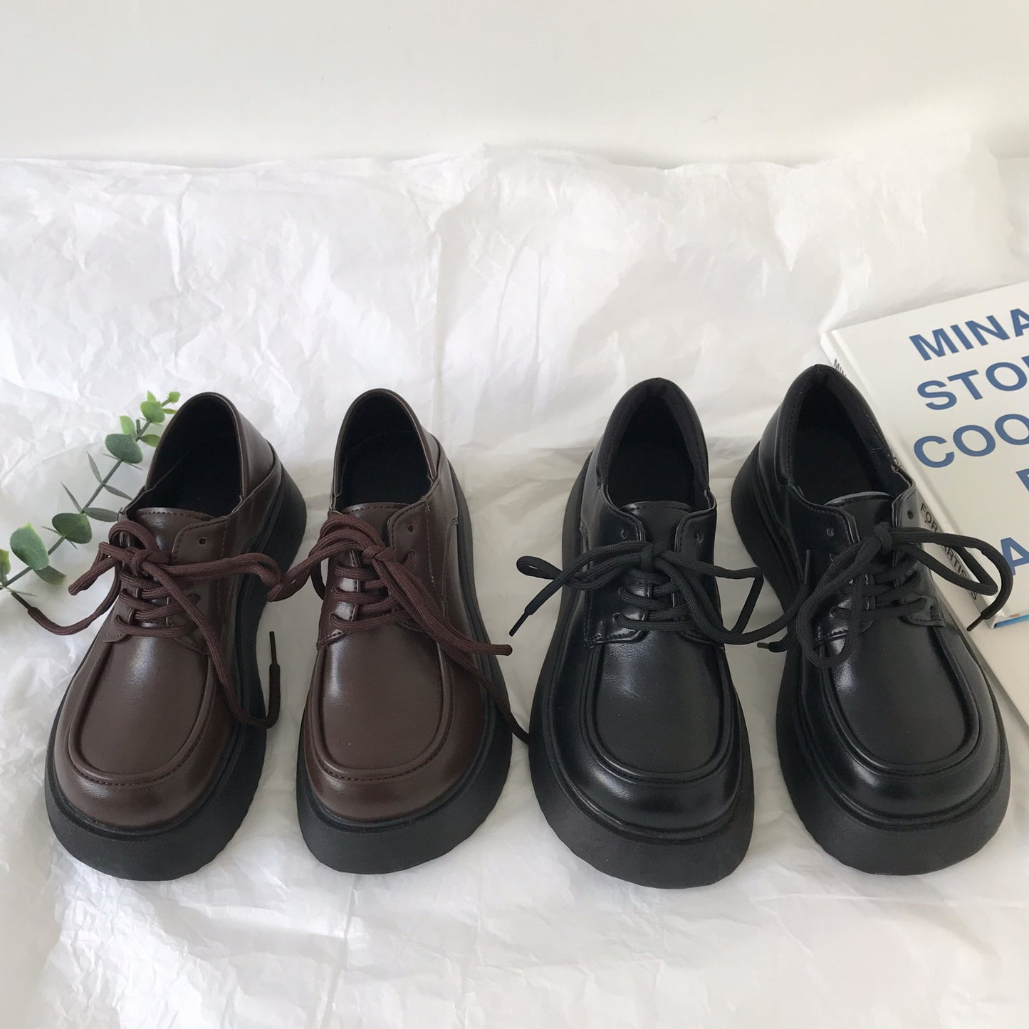 Chaussures en cuir marron à semelles épaisses pour femme style preppy rétro anglais Mary Jane