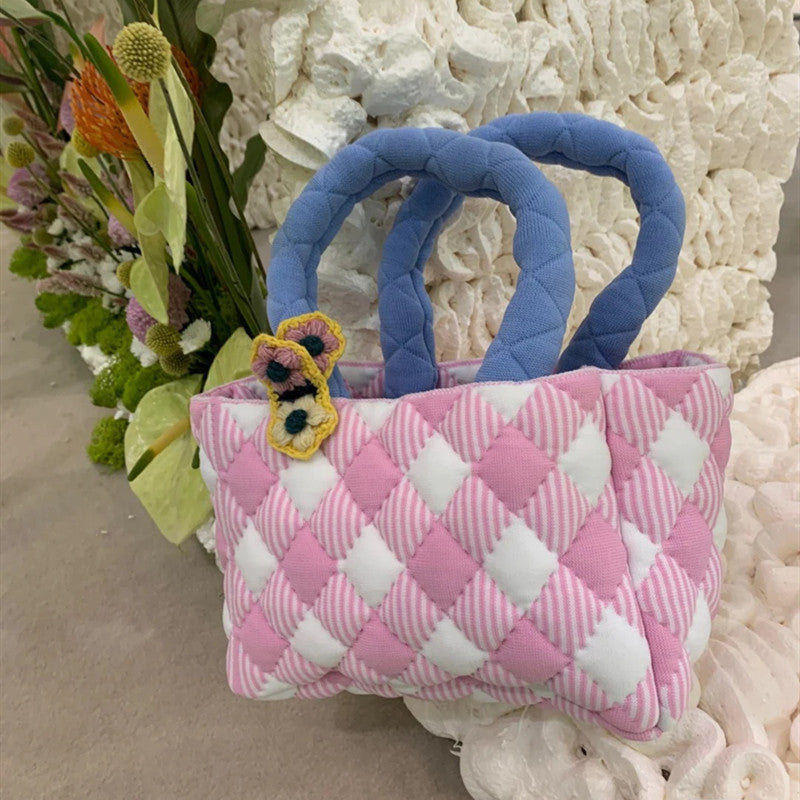 Bolso cuadrado pequeño de algodón con cuadros y diseño en bloques de colores hecho a mano