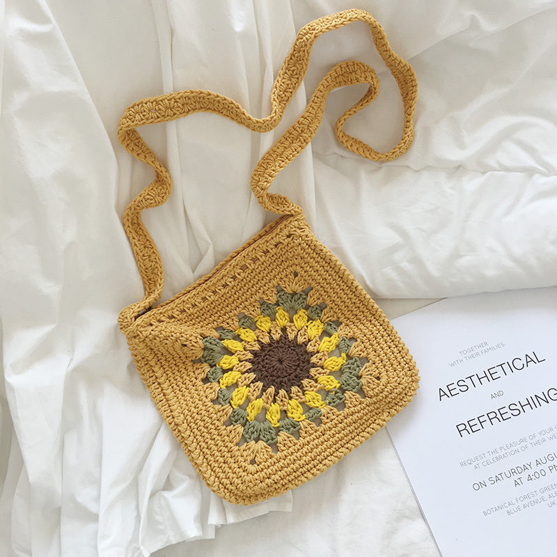 Bolsa de lana tejida con girasoles y corte de cadena