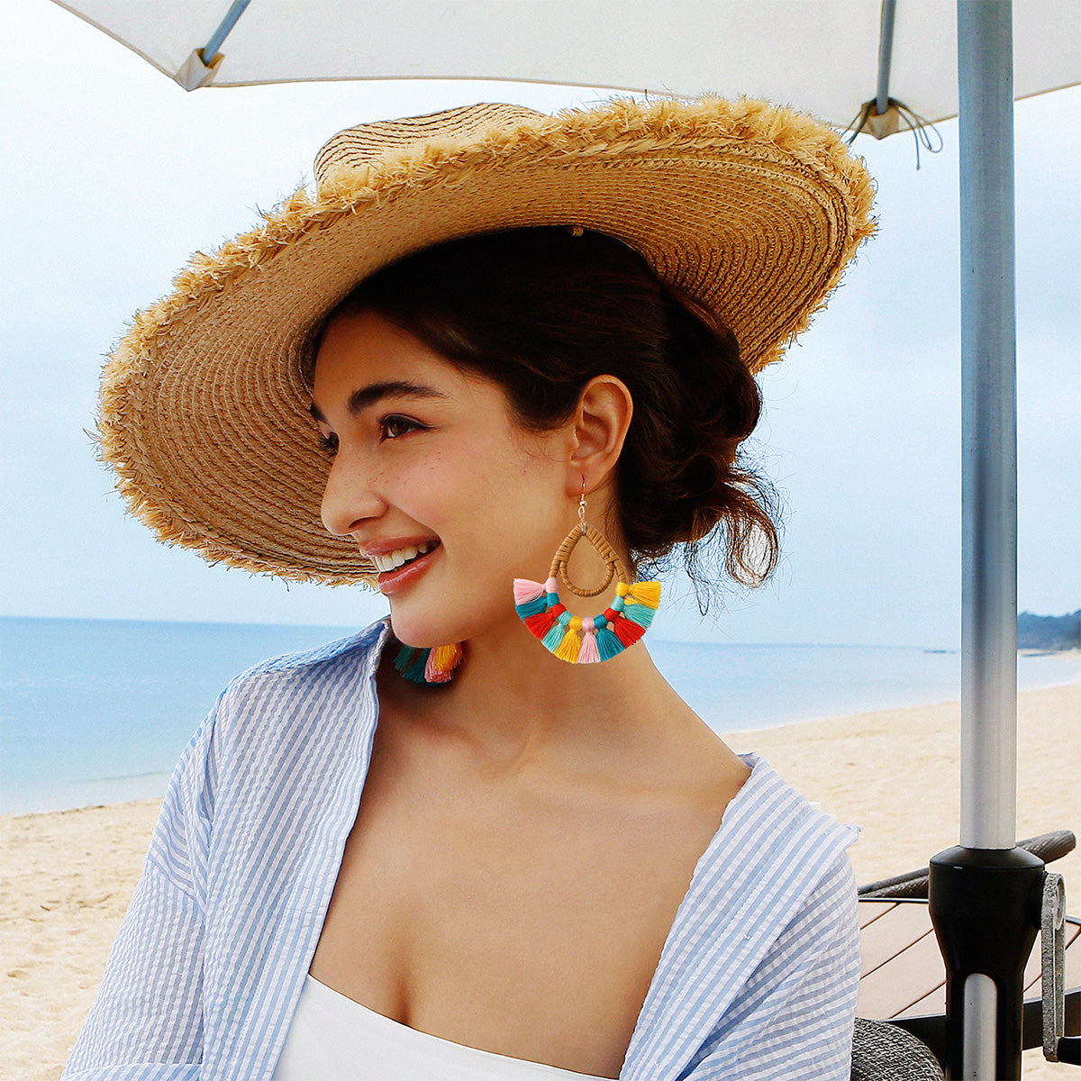 Contrast Bamboo Weaving Tassel Earrings