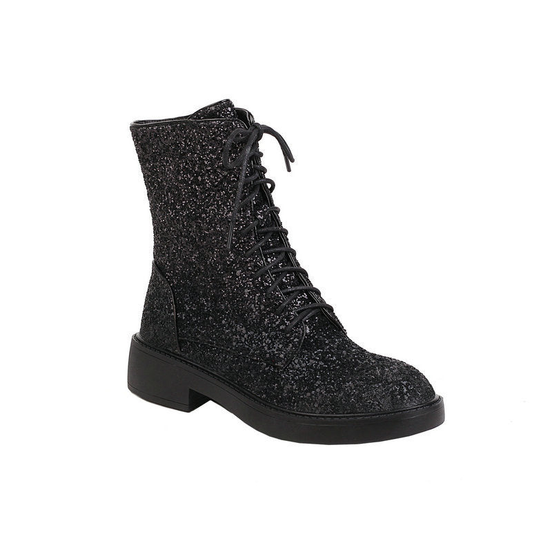 Autumn And Winter New Martin Boots Sequined Round Toe Low Heel Thick Heel Front Lace-up Women's Ankle Boots