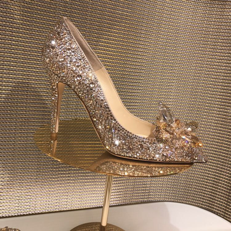 Tacones altos con diamantes de imitación y punta puntiaguda informales a la moda para mujer