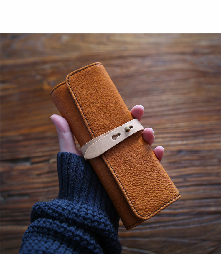 Estuche para lápices de cuero genuino para hombres hecho a mano con capa superior de piel de vaca tipo rollo