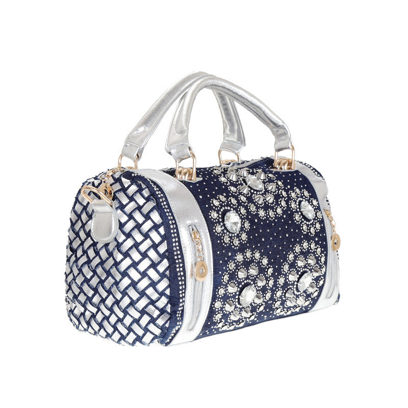 Sac en jean Ceinture en toile Strass Tressé Rivet Seau rond Bandoulière Épaule