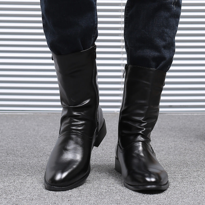 Pointed Leather Boots Men's British Korean High-top Leather Shoes Mid-calf Length