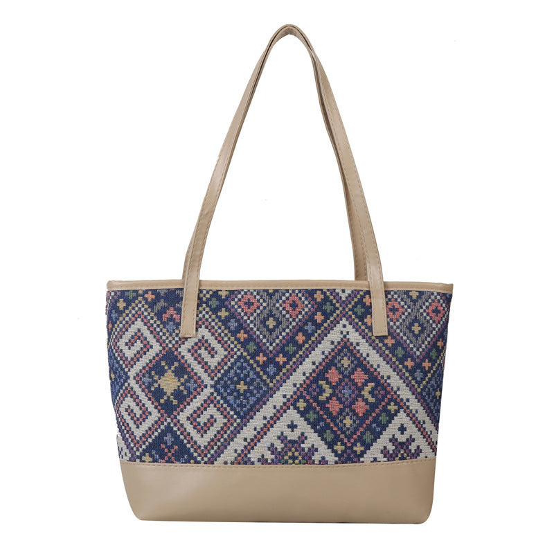 Retro Ethnic Style Casual Contrast Color Shoulder Large Capacity Presbyopic Tote Bag