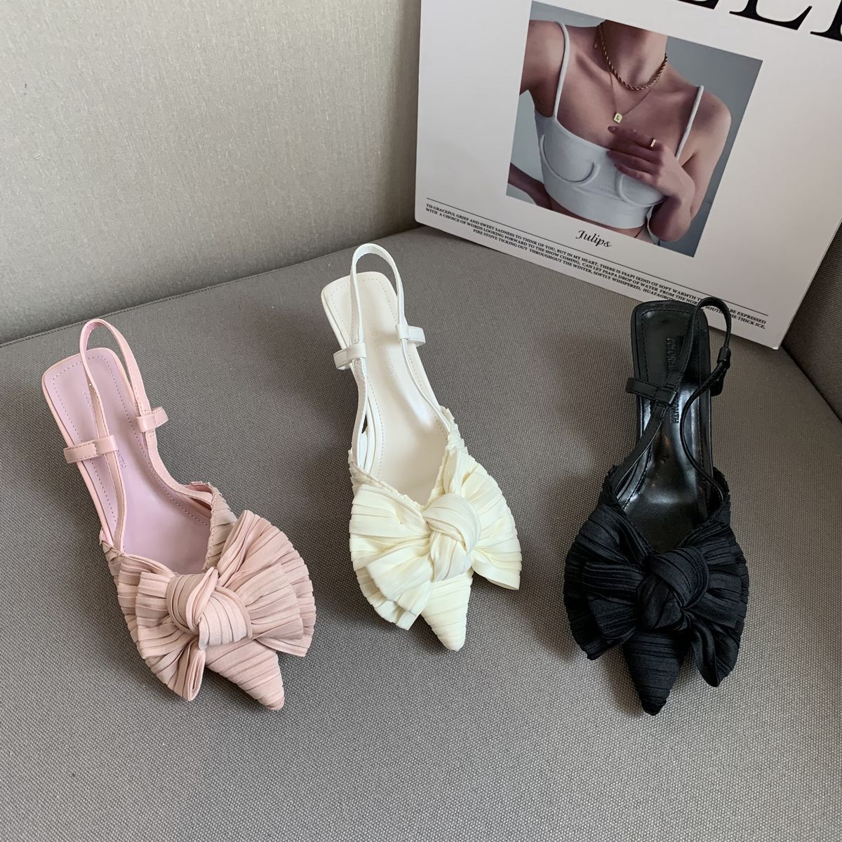 Pointed Toe Bow Stiletto Microfiber Heels