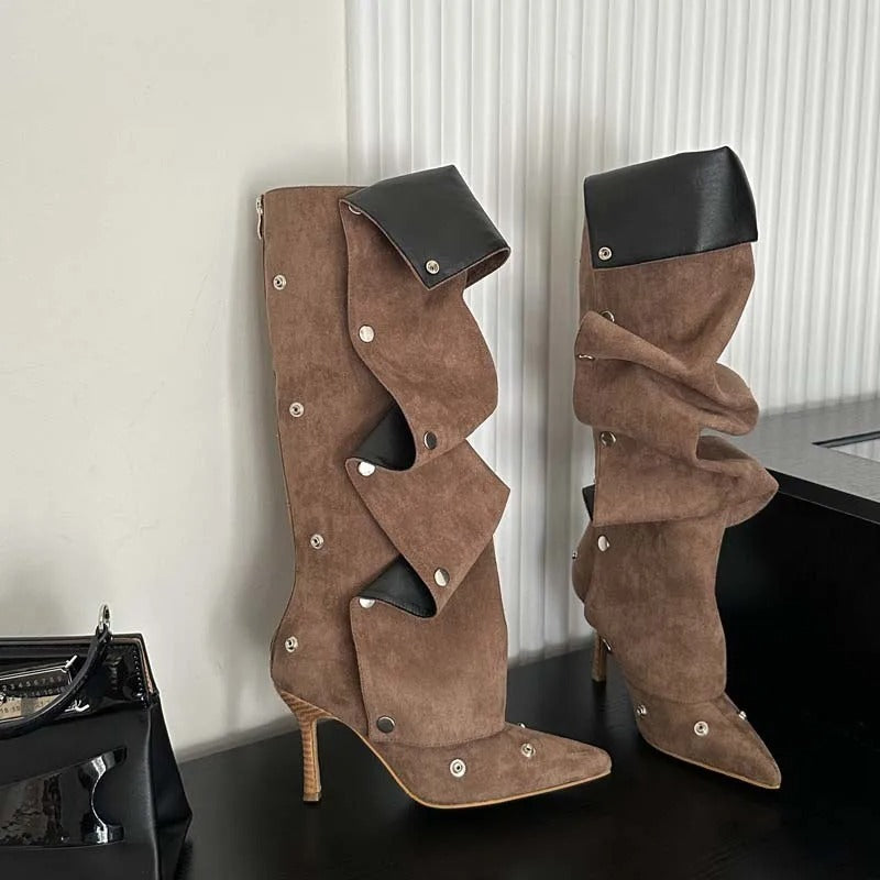 Bottes à talons aiguilles plissées en denim à coutures à boucle pour femmes