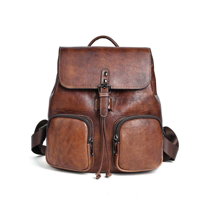 Large Capacity Neutral Backpack Cowhide Retro Color Rubbing Bag