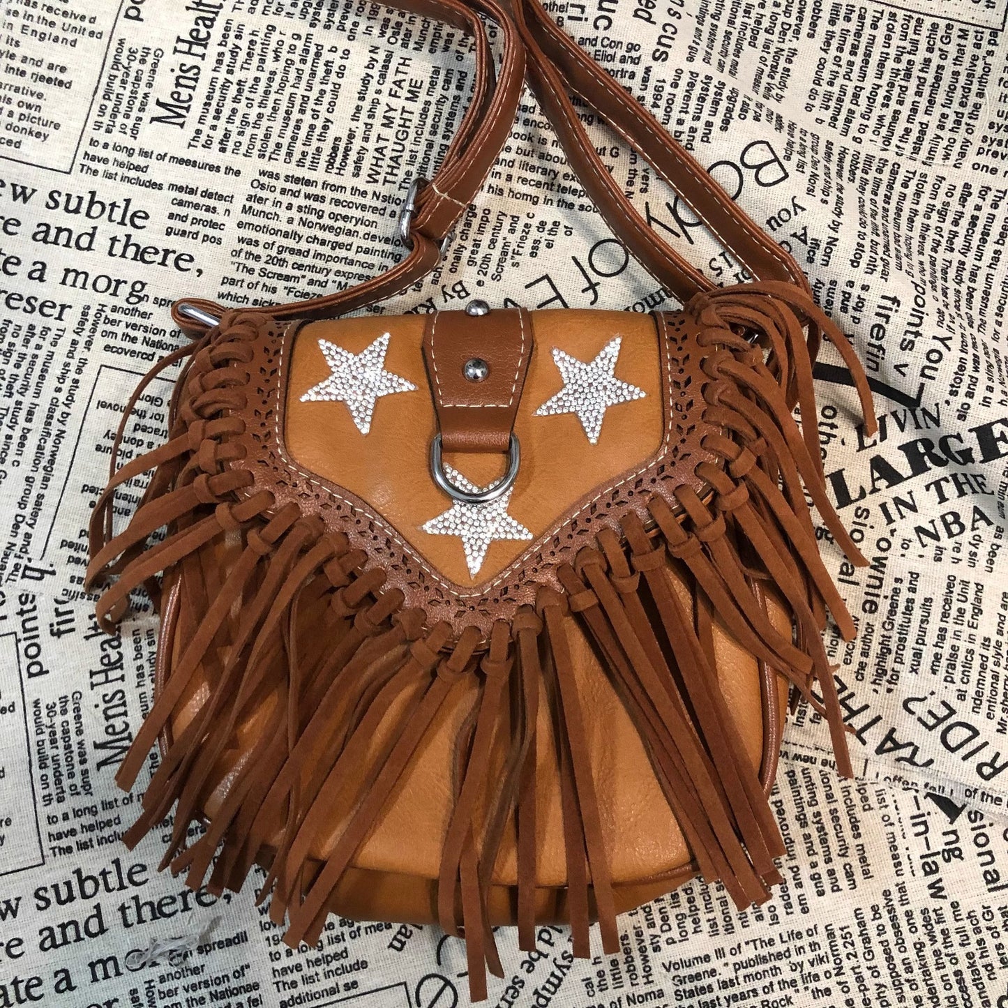 Bolso bandolera con borlas y lentejuelas con forma de estrella de cinco puntas de estilo retro minoritario