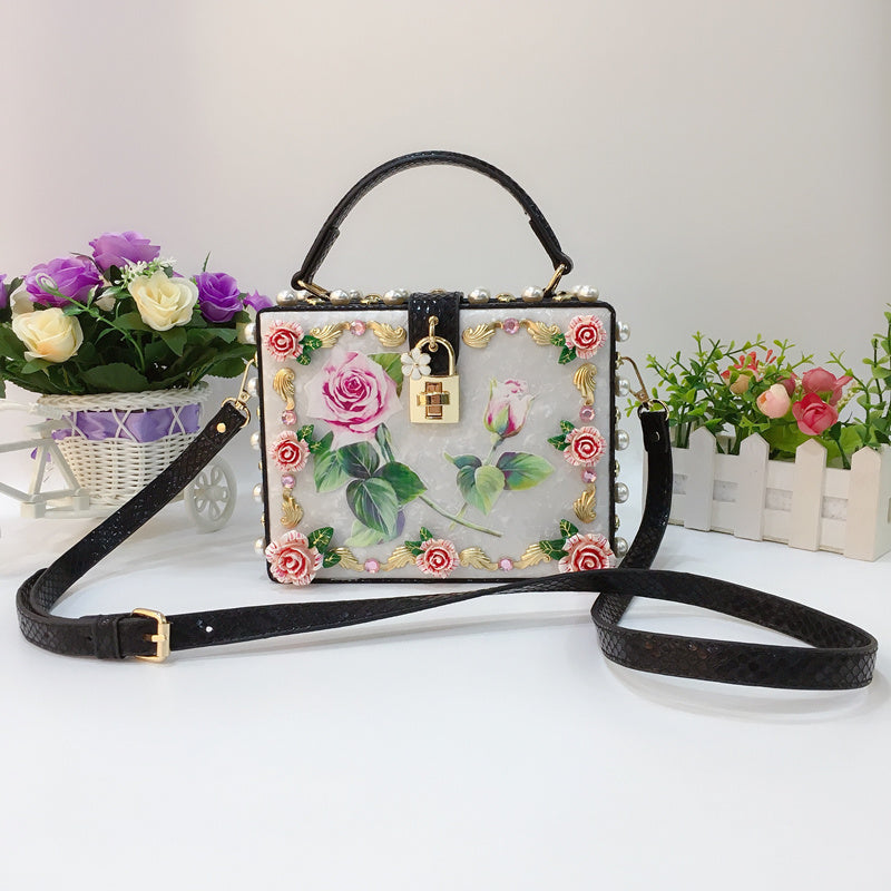 Snake Pattern Pearl Rose White Flower Lock Buckle Cute Western Style Portable Messenger Female Bag