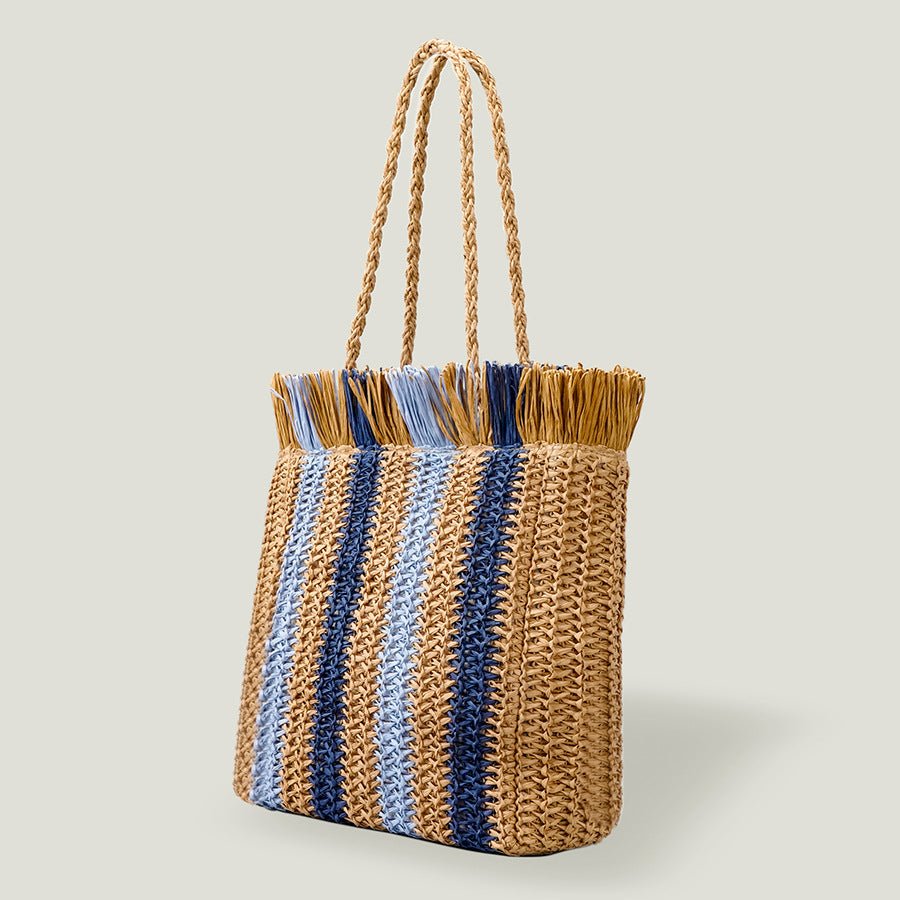 Handmade Straw Casual Commuter Tote Striped Fringe Shoulder Bag