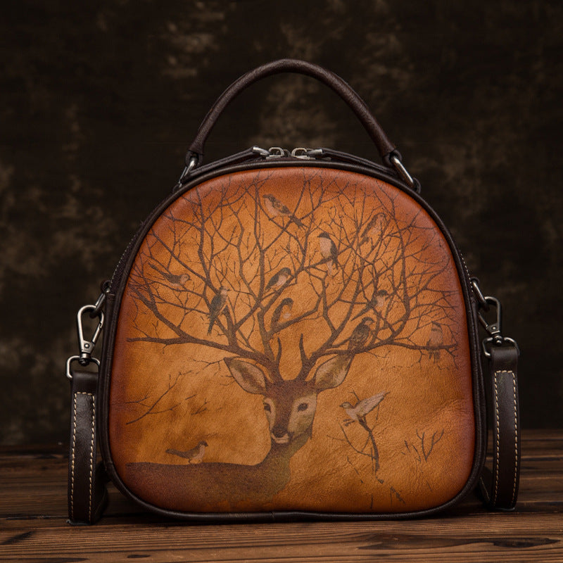 Retro Deer And Bird Hand-painted Leather Shoulder Bag