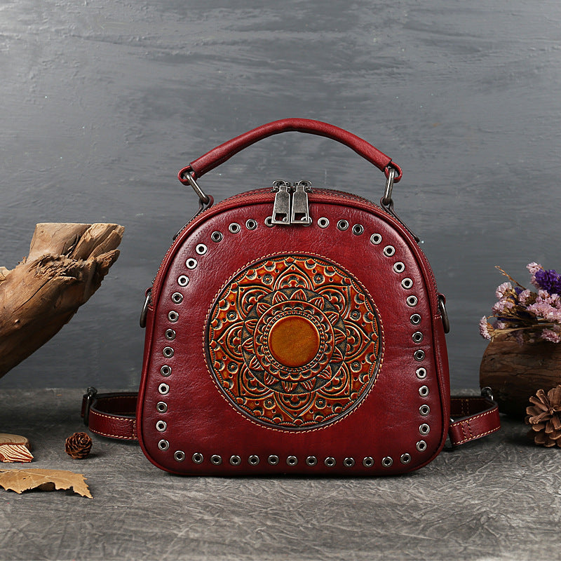 Retro Original First Layer Cowhide Round Hole Totem Shoulder Bag