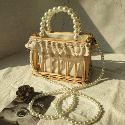 Handbag Chain Homemade Bag Pearl Woven Rattan Square Bag Straw Woven