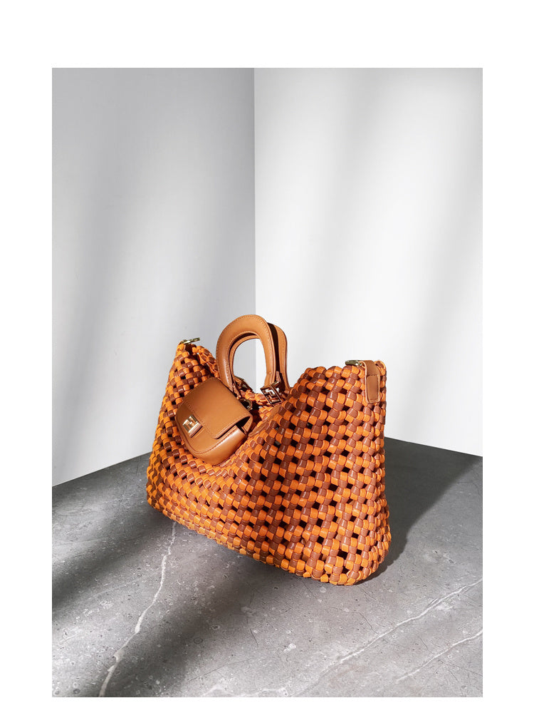 Hand-woven Tote Bag Women's Cowhide Clash-coloured Hand