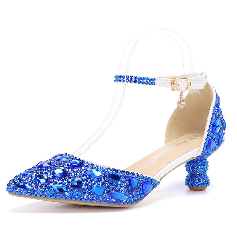 Chaussures basses d'été pour femmes, nouvelles chaussures à talon pointu en gourde de couleur bleue avec strass multicolores, mode mariage banquet